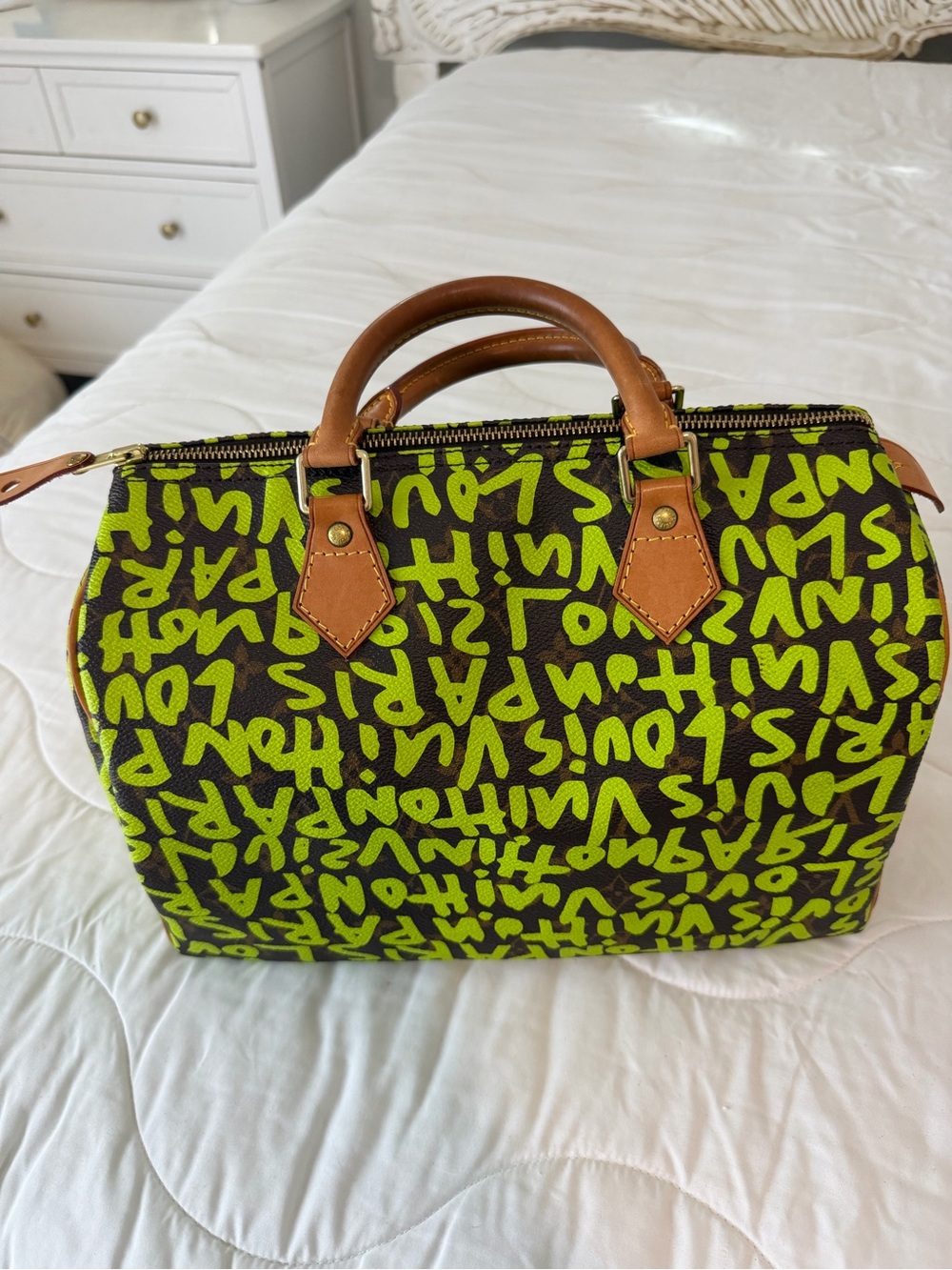 Louis Vuitton Brown & Neon Green Graffiti Satchel